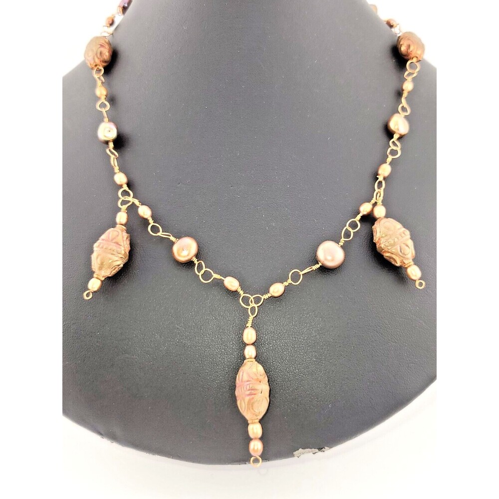 Bohemian Copper Beads Cultured Baroque Brown Pearl Charm 16" Statement Necklace